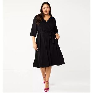 Draper James RSVP‎ Plus Size Womens Midi Knit Wrap Dress Black Belted 3XL NWT